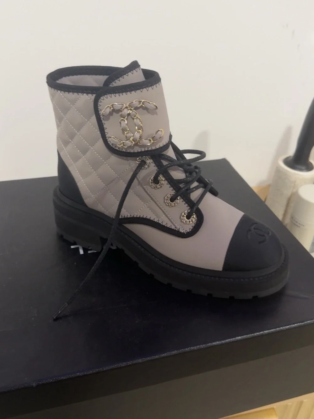 Chanel Two-Tone Quilted Lace-Up Ankle Boot in Grey and Black